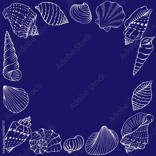 Frame with seashells with copy space for design or message.  Hand drawn