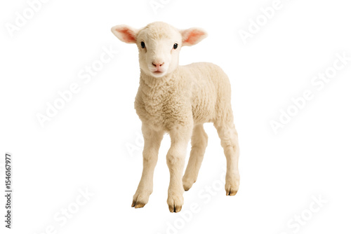 Fototapeta Naklejka Na Ścianę i Meble -  Cute white fluffy lamb with big round eyes, expressing innocence and tenderness, standing out against a isolated on white background. Perfect for designs convey softness, new beginnings, clipping path