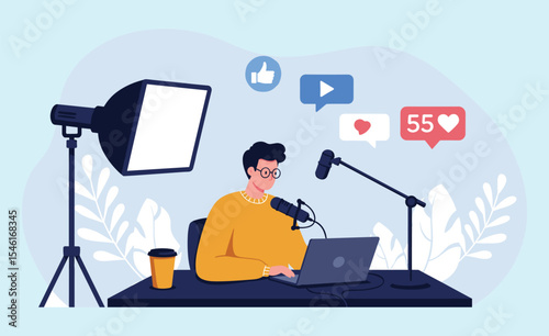 Content Creator Recording Podcast or Video with Microphone, Laptop, and Studio Lighting: Social Media Engagement Illustration flat vector illustration