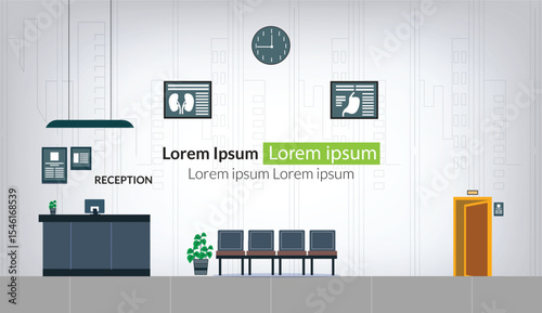 Reception room design with front desk and chairs
