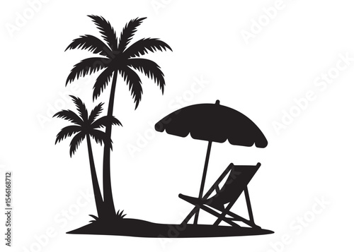 beach chair vector silhouette illustration logo, beach chair logo icon silhouette, tropical beach sunset scene palm trees beach chair and umbrella vector silhouette on white background