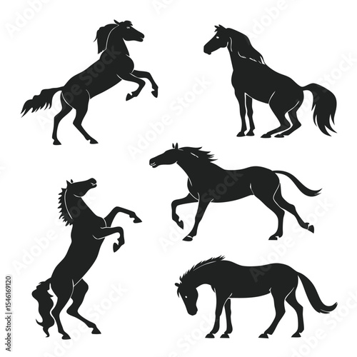 Five Black Horse Silhouettes Various Poses white background