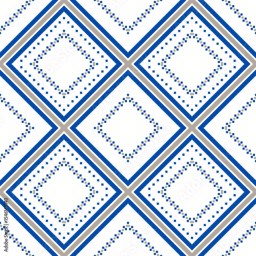 Seamless geometric pattern of pixel in diamond shapes. Abstract pattern of bold blue and gray. Concept of minimal, aesthetics, modern, repeat, motifs for wallpaper, textiles, cloth texture, vector.