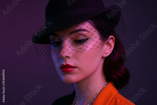 Elegant Vintage Portrait of Woman in Hat with Veil in Dramatic Lighting