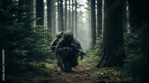 Soldiers in Ghillie Suits Advance Through Forest