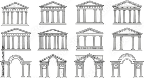 Classical Architectural Elements: Detailed Line Drawings of Greek and Roman Columns, Pediments, and Arches flat vector illustration