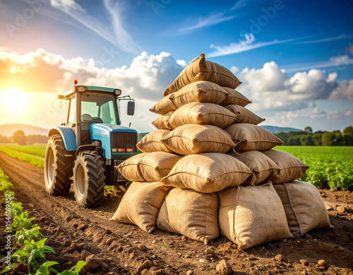 Nigerian groundnut pyramid recreated with burlap sacks under open skies in a farming field with a tractor nearby.