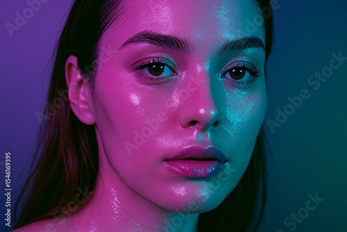 Vibrant Neon-Toned Portrait of a Woman with Dramatic Lighting and Reflective Skin