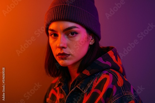 Vibrant Portrait of Woman in Beanie and Jacket with Neon Lighting