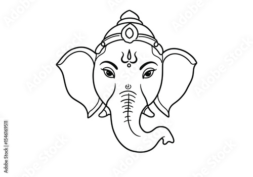 Ganesh face drawing. It is a detailed black and white line art sketch of Lord Ganesha's face, symbolizing wisdom and auspiciousness. Vector sketch line art draw.