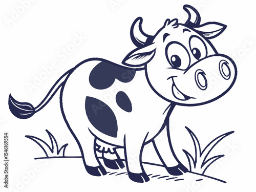 Happy Cartoon Cow with Dark Blue Spots Standing in Grass V E C T O R illustration vector