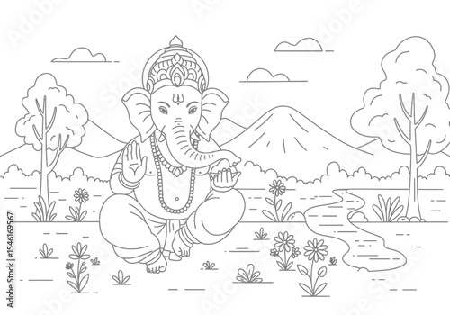 Ganesh scenery drawing. It is a detailed black and white line art sketch depicting Lord Ganesha in a peaceful natural landscape, symbolizing divine harmony. Vector sketch line art draw.