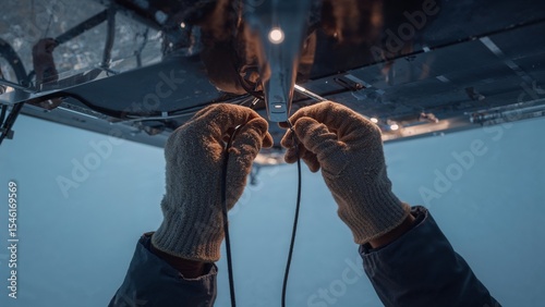 Closeup of hands connecting wires under a solar panel, technician wearing protective gloves
