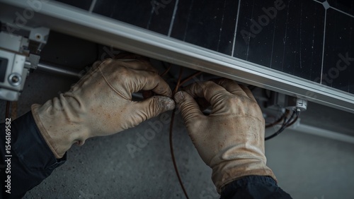 Closeup of hands connecting wires under a solar panel, technician wearing protective gloves