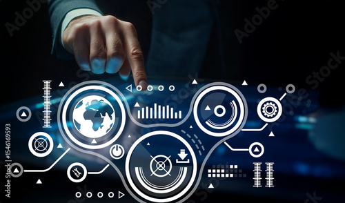 Business professional interacting with futuristic digital interface, visualizing data analytics, global connectivity, and technology advancements in modern workspace