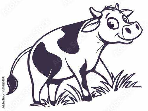 Cartoon Cow Logo Dark Purple and White Spots Standing in Grass V E C T O R vector illustration