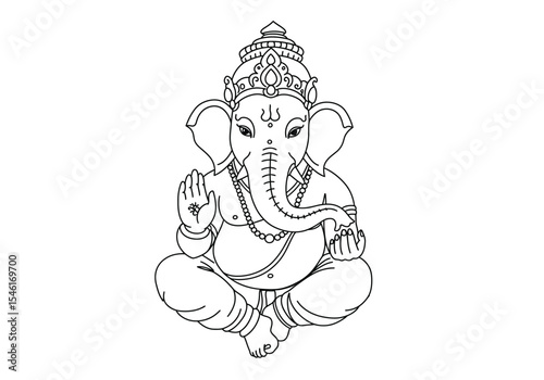 Ganesh drawing. It is a detailed black and white line art sketch of Lord Ganesha in a meditative pose, symbolizing wisdom and blessings. Vector sketch line art draw.