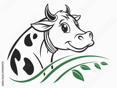 Cute Cow Head Logo Black and White with Green Leaves on White Background V E C T O R vector
