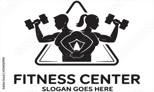 Fitness center logo with muscular man and woman lifting dumbbells
