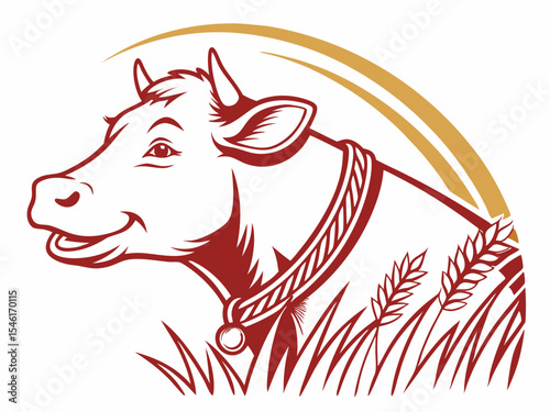 Red Cow Head Logo with Wheat and Gold Arc on White Background V E C T O R brown