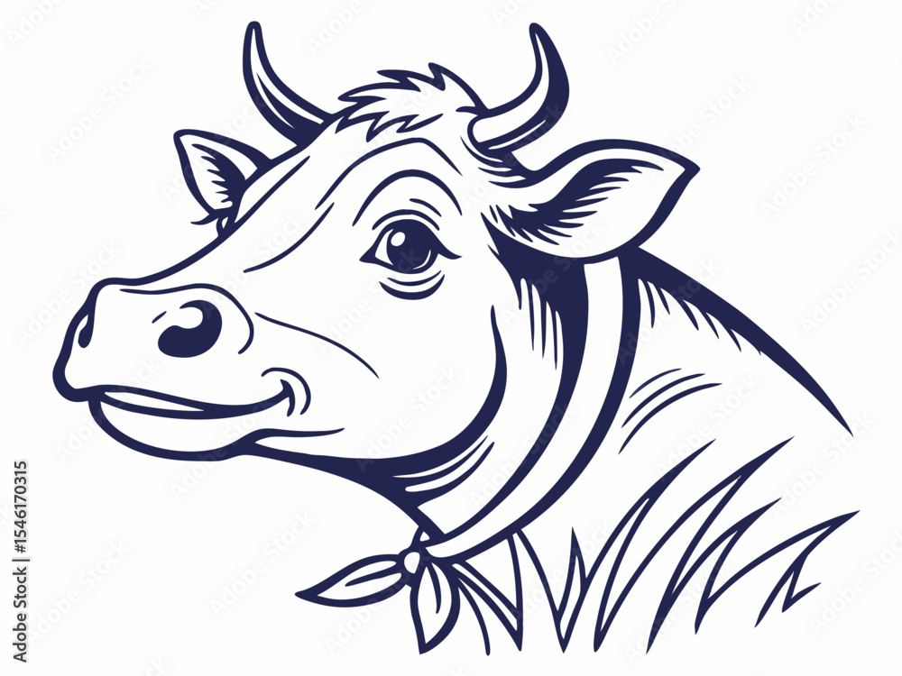 Fototapeta premium Friendly Cow Head Vector Illustration Dark Blue Outline on White Background