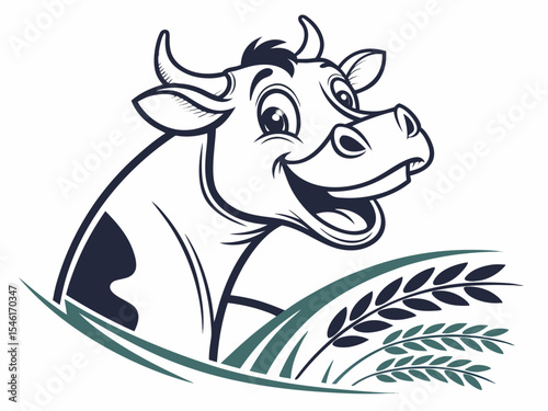 Happy Cow Head with Wheat Stalks V E C T O R Logo Design Dark Blue and Teal on White smiling cheerful
