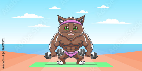 Vector dark brown powerful funny cute cartoon cat bodybuilder with dumbbells. Sea beach and clouds. Toon strong muscular puss. Kitten athlete