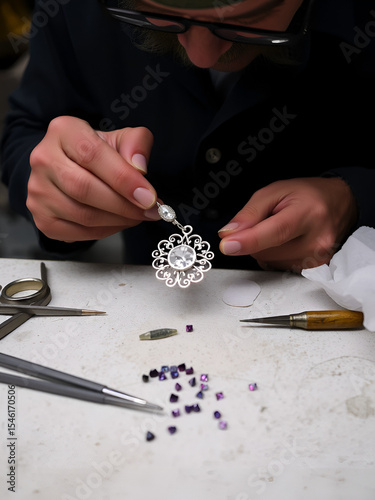 A silversmith crafting a delicate silver pendant, with tools and small gemstones spread out on the workbench.