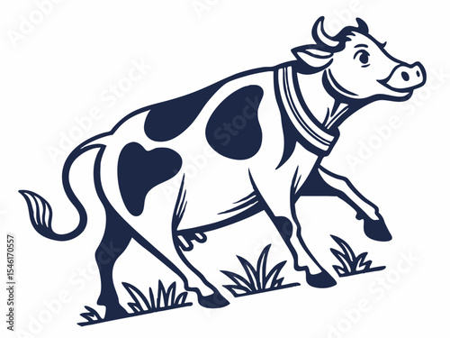 Dark Blue Cow Logo Vector Illustration Isolated on White Background Happy Cow in Grass