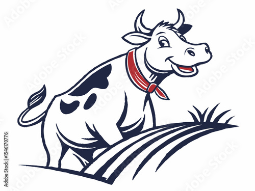 Happy Cow Logo Vector Illustration White Background Dark Blue and Red Cow in Field graphic