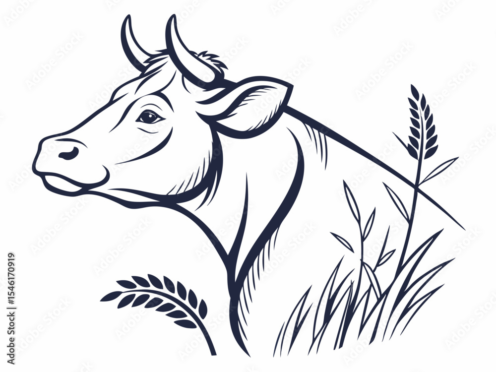 Fototapeta premium Cow Head Profile with Wheat and Grass Vector Illustration Dark Blue on White side view
