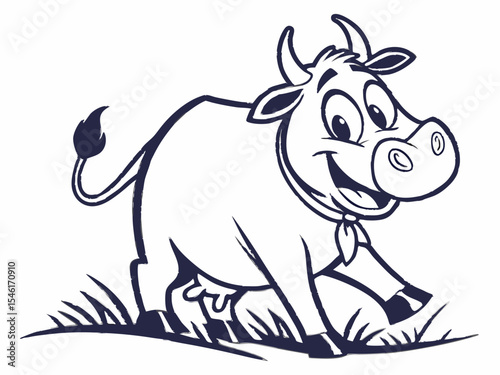 Happy Cartoon Cow in Grass V E C T O R Logo Design Dark Blue White Background Isolated Cutout smiling