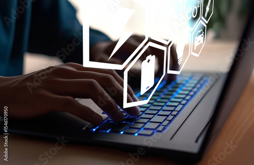 Close-Up of Hands Typing on Laptop with Digital Icons Representing Technology and Innovation in Modern Workspace