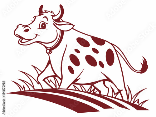 Brown Cartoon Cow Logo with Dark Brown Spots Standing in Grass V E C T O R vector