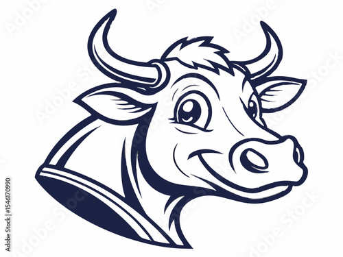 Friendly Cartoon Cow Head Logo Dark Blue V E C T O R Illustration Isolated on White bull bovine