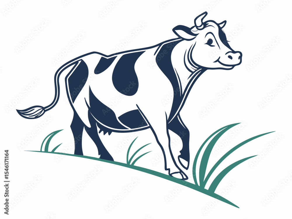 Obraz premium Dark Blue Cow Logo on White Background Walking in Teal Grass V E C T O R vector illustration