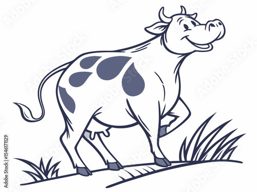 Happy Cartoon Cow with Dark Blue Spots Standing in Grass V E C T O R animal farm animal