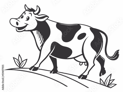 Happy Cartoon Cow Black and White V E C T O R Illustration Isolated on White Background Farm Animal Graphic Design Element