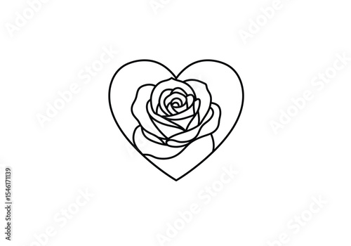 Heart rose drawing. It is a beautiful black and white line art sketch depicting a delicate rose blooming within a heart. Vector sketch line art draw.