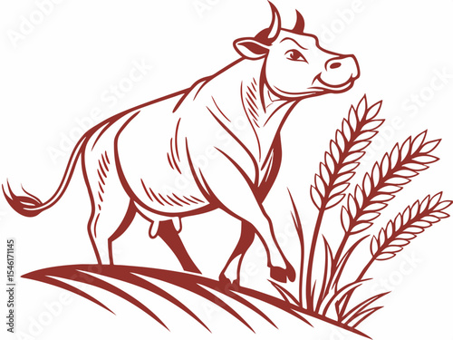 Brown Cow Logo Standing in Wheat Field on White Background V E C T O R bull cattle