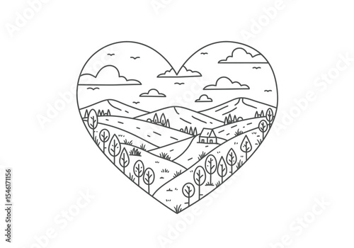 Heart scenery drawing. It is a charming black and white line art sketch depicting a peaceful landscape scene enclosed within a heart shape. Vector sketch line art draw.
