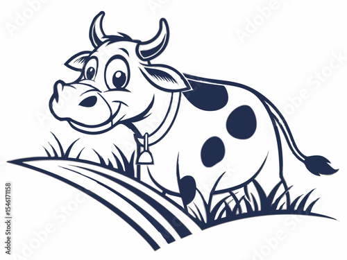 Cartoon Cow Logo Dark Blue and White Smiling Cow in Grass Vector Illustration