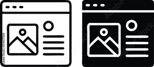 Minimalist Line Art Icon of Web Page with Profile, Text Boxes, and Image in Black and White Vector Style