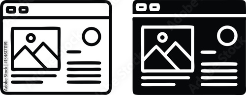 Minimalist Line Art Icon of Web Page with Profile, Text Boxes, and Image in Black and White Vector Style