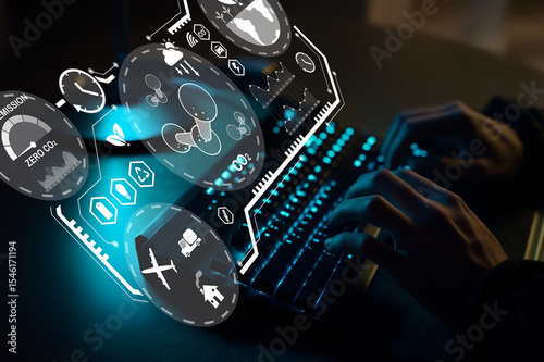 Futuristic Technology Concept with Digital Interface and Human Hands Typing on Keyboard in Dark Environment for Cybersecurity and Data Analysis
