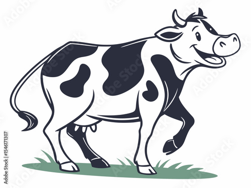 Happy Cartoon Cow with Black and White Spots Standing in Green Grass V E C T O R illustration vector