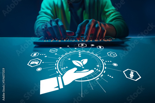 Hands of a Person Using a Keyboard with Eco-Friendly Symbols Emphasizing Technology and Sustainability in a Modern Digital Environment