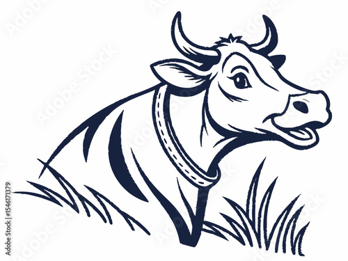 Dark Blue Cow Head Vector Illustration with Grass on White Background