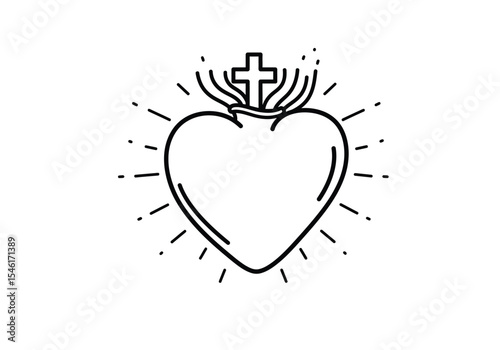 Sacred heart drawing. It is a powerful black and white line art sketch of a radiant heart with a cross, symbolizing divine love and faith. Vector sketch line art draw.
