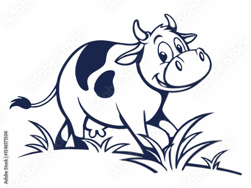 Happy Cow Cartoon Character Logo Design Navy Blue and White V E C T O R Illustration Isolated on White Background